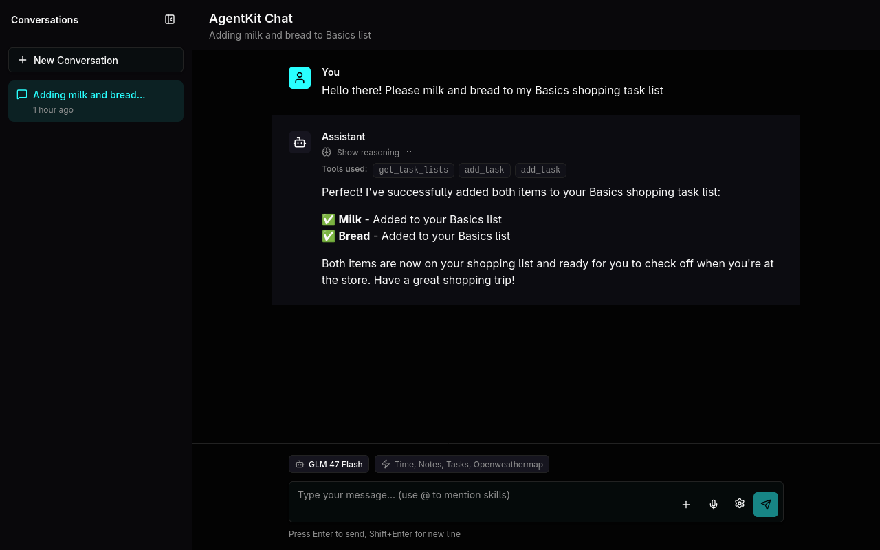 A screenshot of the AgentKit web UI showing a typical chat interface