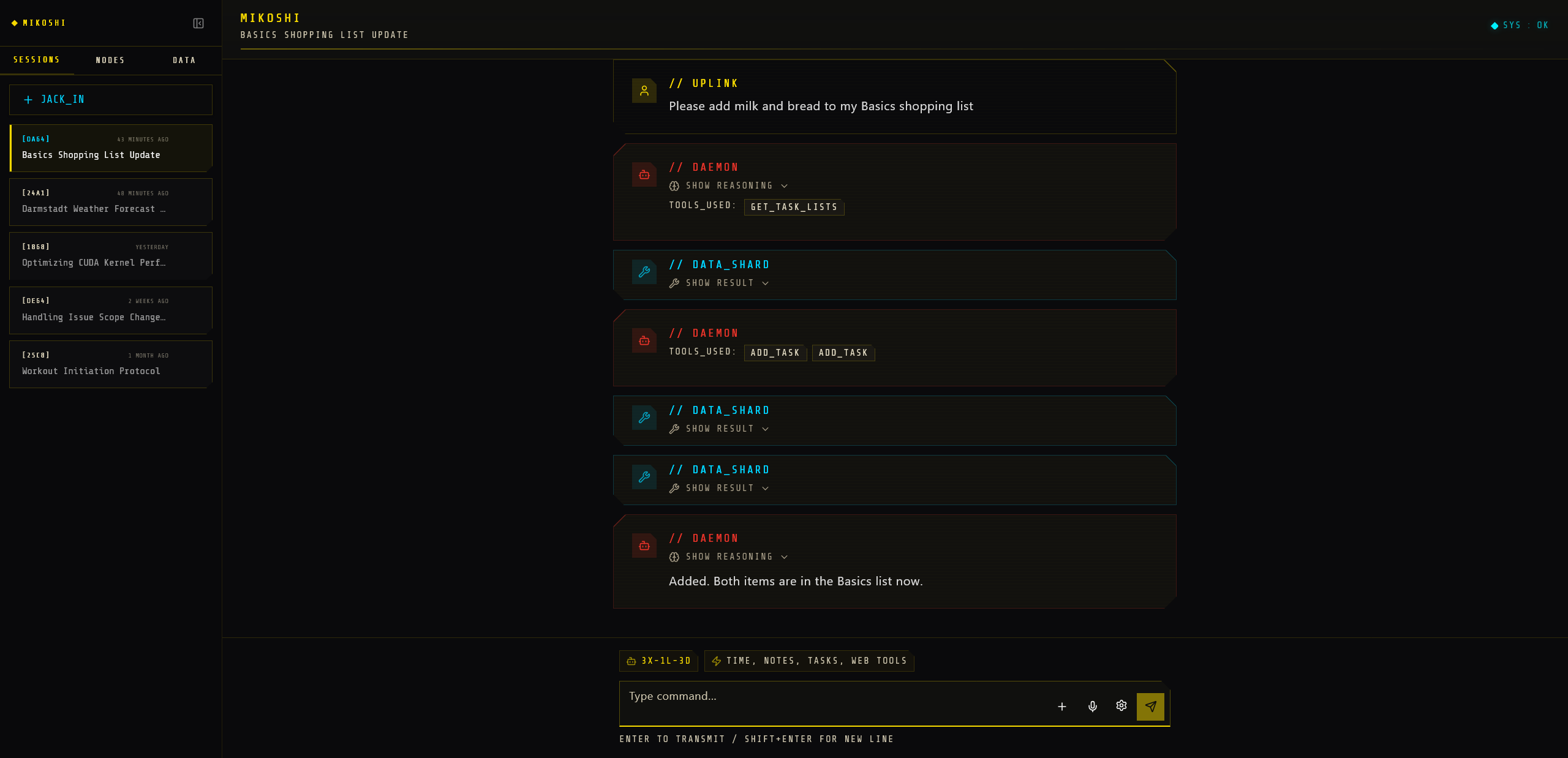 Dark-themed Mikoshi chat interface showing a conversation history where 'Uplink' (user) prompts are answered by 'Daemon' (assistant), with 'Data Shard' entries representing tool call results.